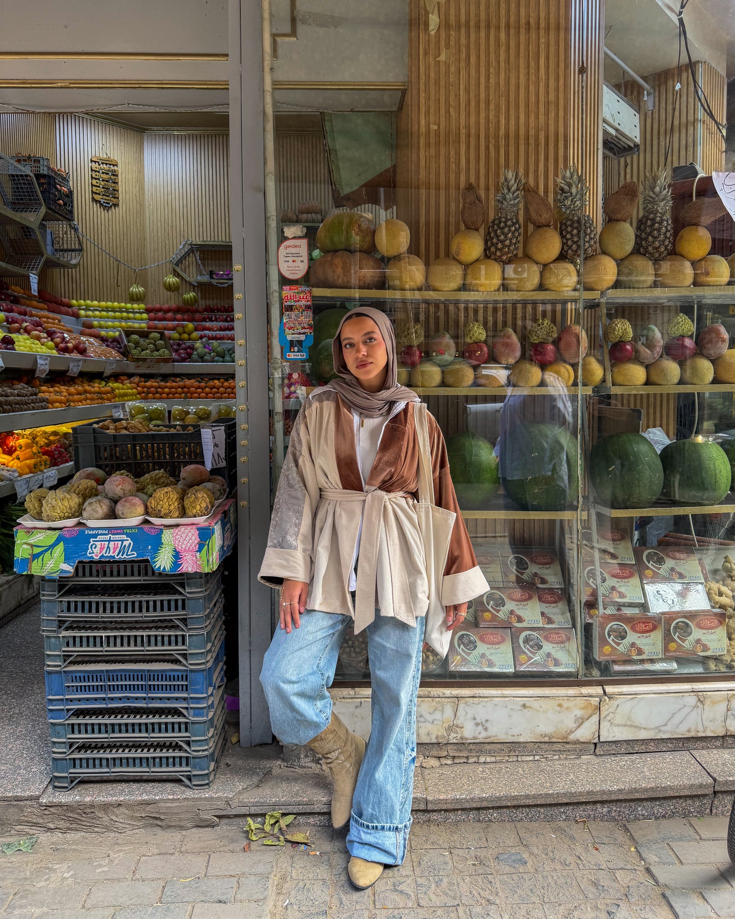 The Yara Kimono - Velvet, printed linen & corduroy blend in Beige
