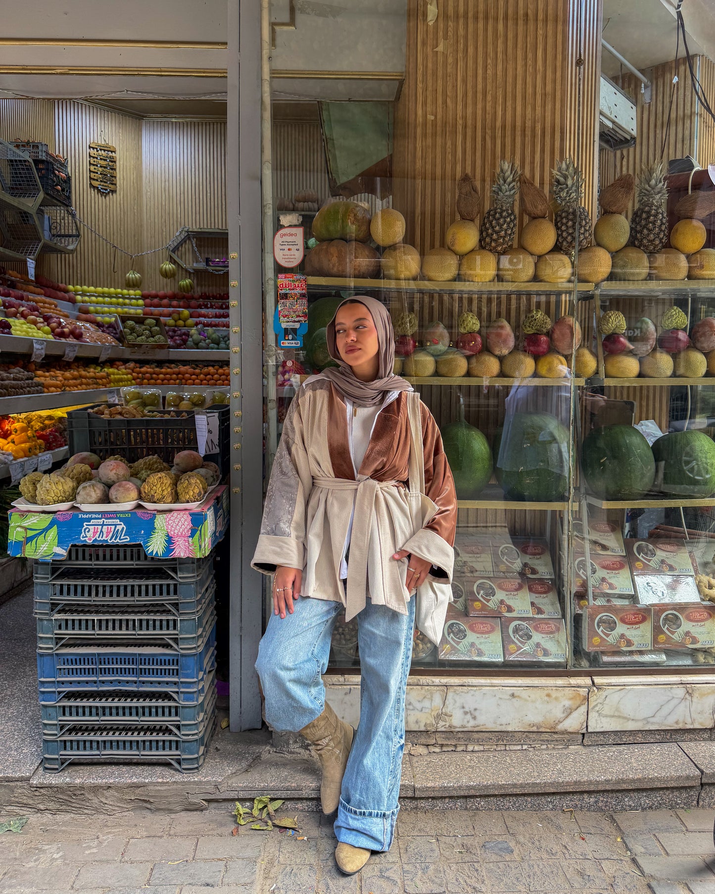 The Yara Kimono - Velvet, printed linen & corduroy blend in Beige