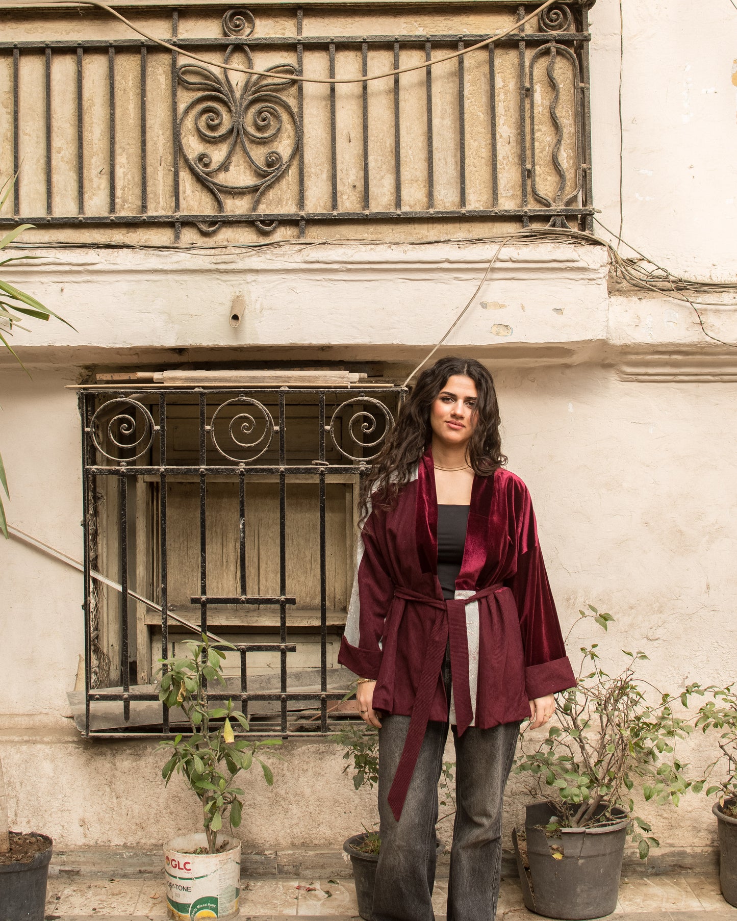 The Yara Kimono - Velvet, printed linen & corduroy blend in Burgundy