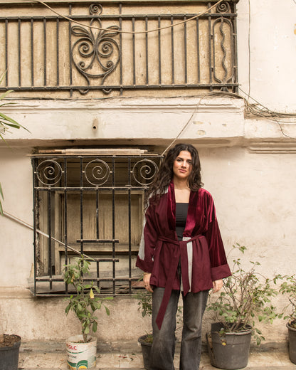 The Yara Kimono - Velvet, printed linen & corduroy blend in Burgundy