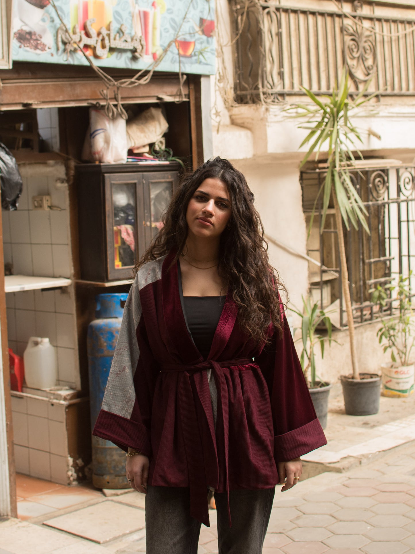 The Yara Kimono - Velvet, printed linen & corduroy blend in Burgundy
