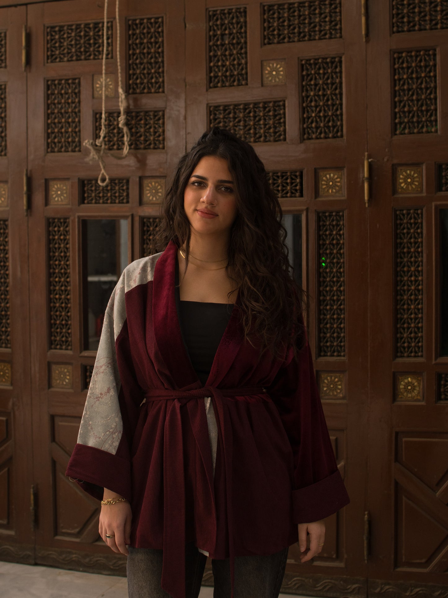 The Yara Kimono - Velvet, printed linen & corduroy blend in Burgundy
