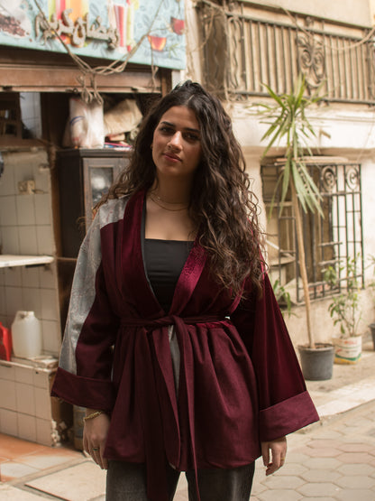 The Yara Kimono - Velvet, printed linen & corduroy blend in Burgundy